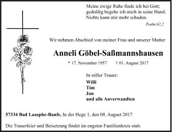 Traueranzeige von Anneli ^Göbel-Saßmannshausen von Siegener Zeitung